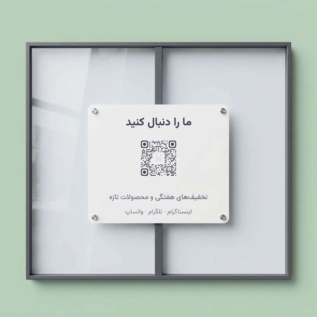 برچسب ویترین مغازه با کد QR نخ و عبارت ما را دنبال کنید