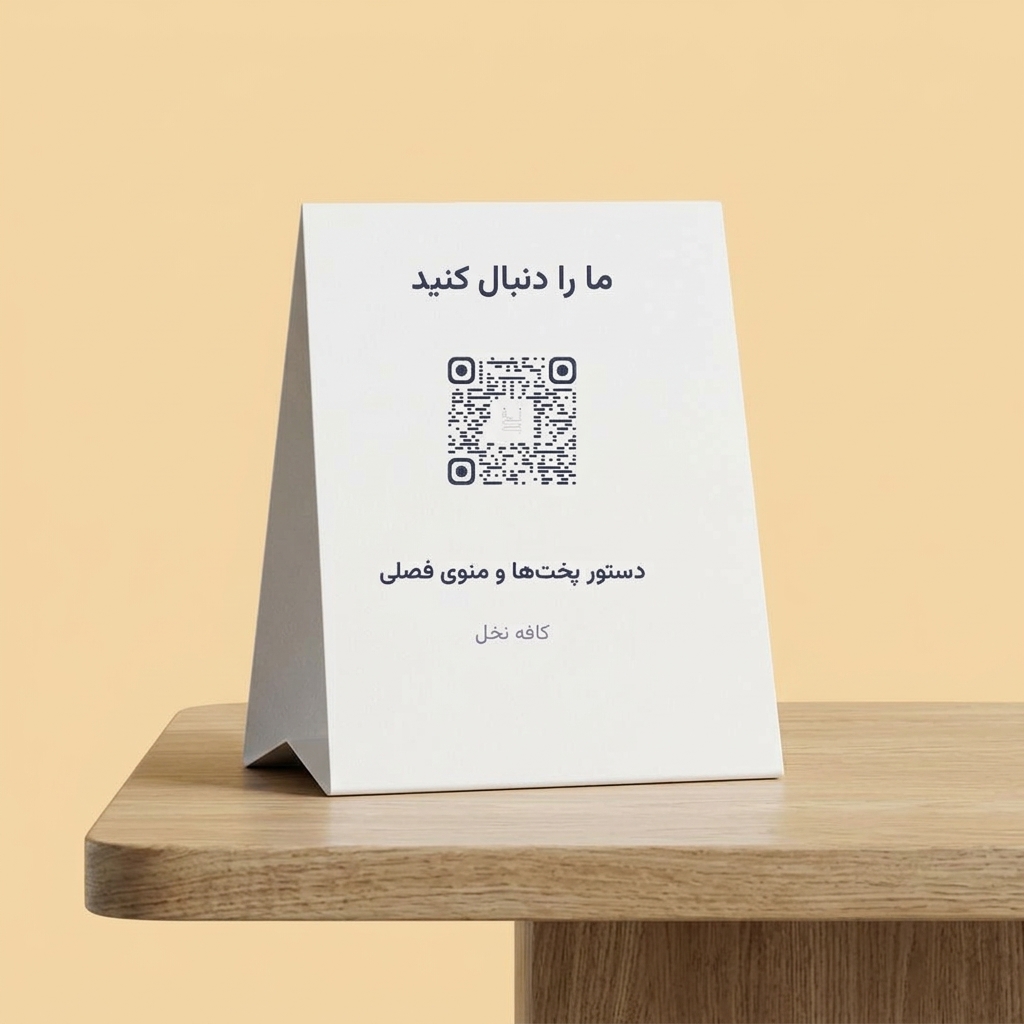 استند روی میز کافه با کد QR نخ برای دنبالکردن پیج