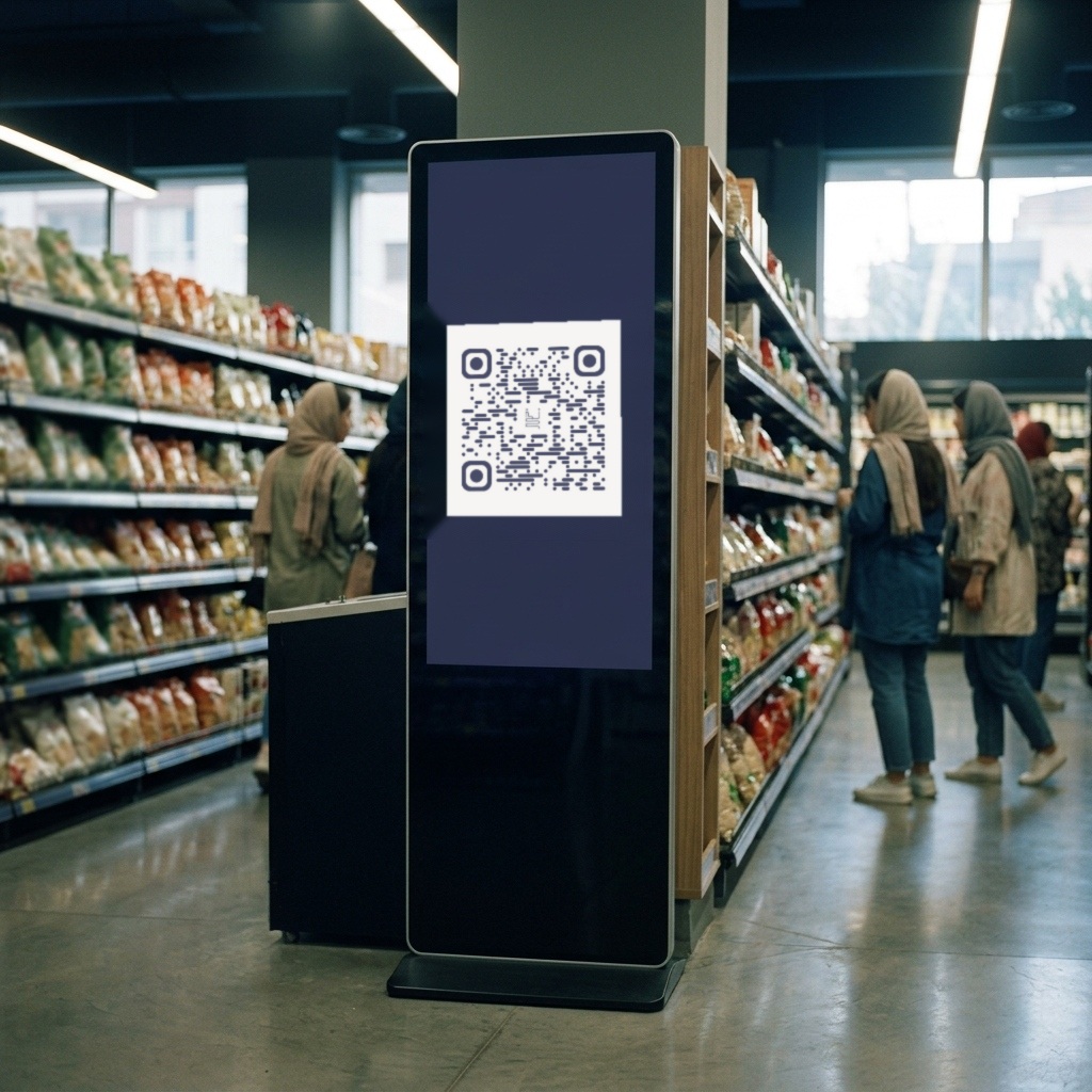 دیجیتال ساینیج کنار قفسهٔ فروشگاه با کد QR نخ