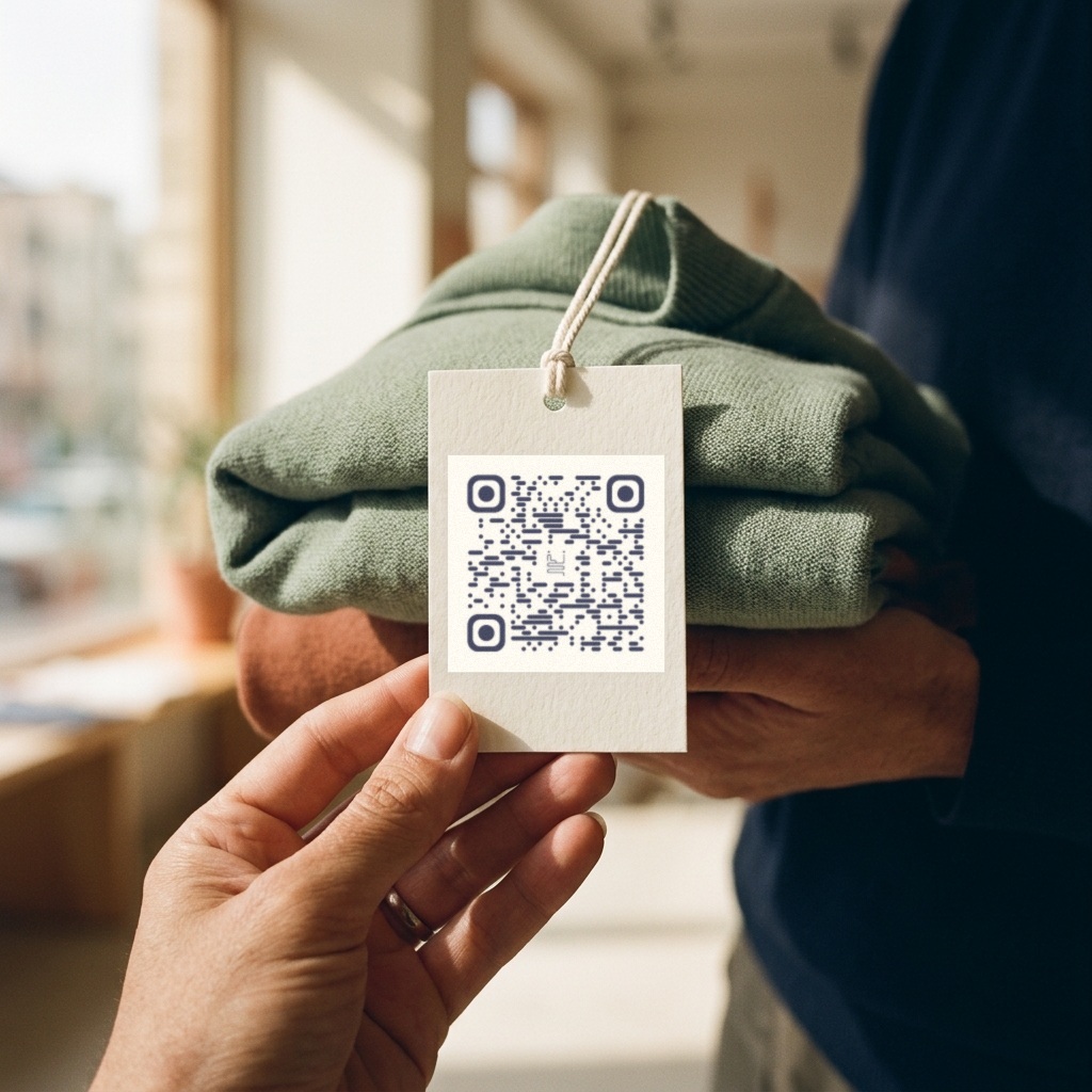 اتیکت آویز برند پوشاک با کد QR نخ در دست مشتری