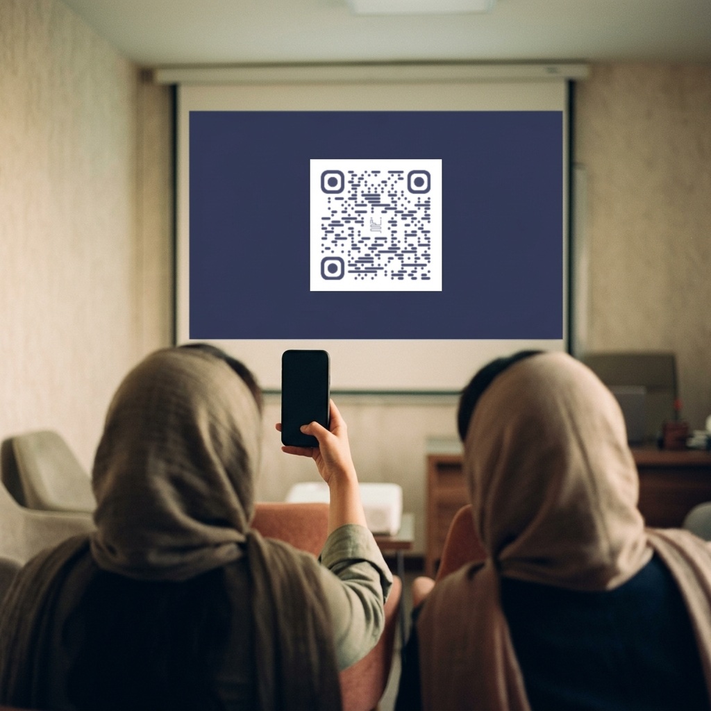 اسلاید پایانی ارائه روی پردهٔ بزرگ با کد QR نخ