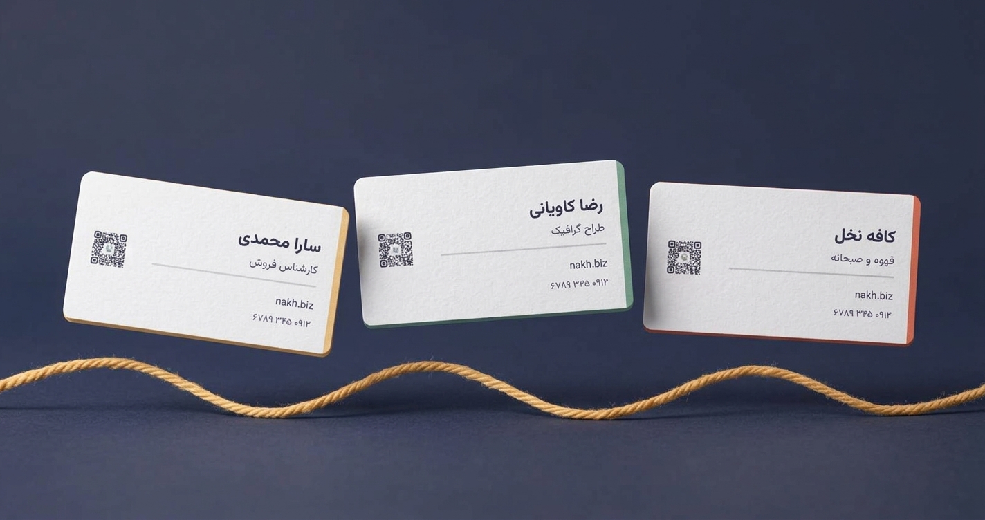 چند کارت ویزیت که روی هرکدام یک کد QR نخ چاپ شده است