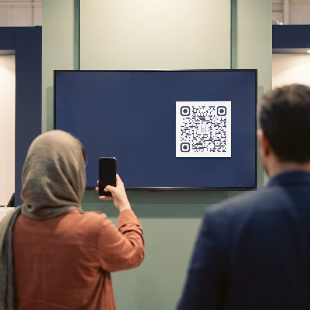 نمایشگر بزرگ پشت غرفهٔ نمایشگاه با کد QR نخ