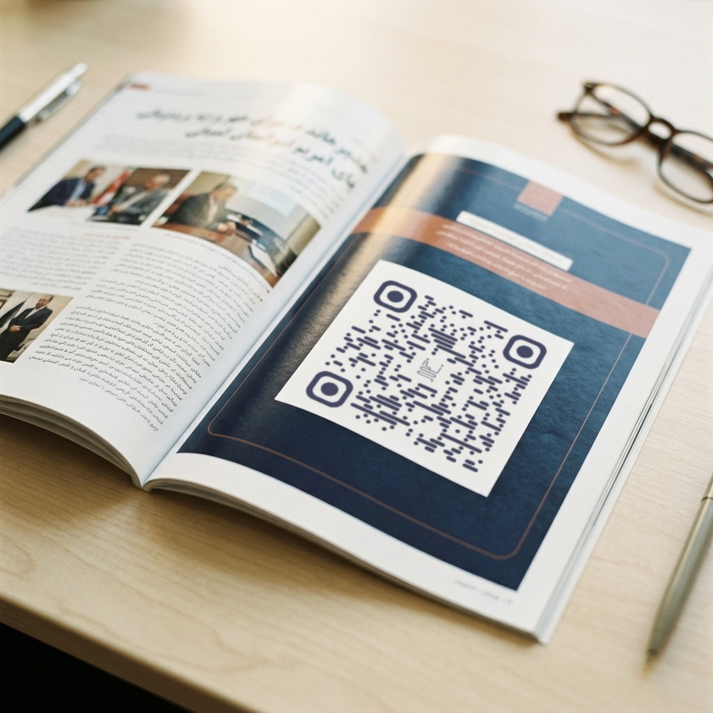 صفحهٔ مجلهٔ تخصصی با کد QR نخ کنار متن