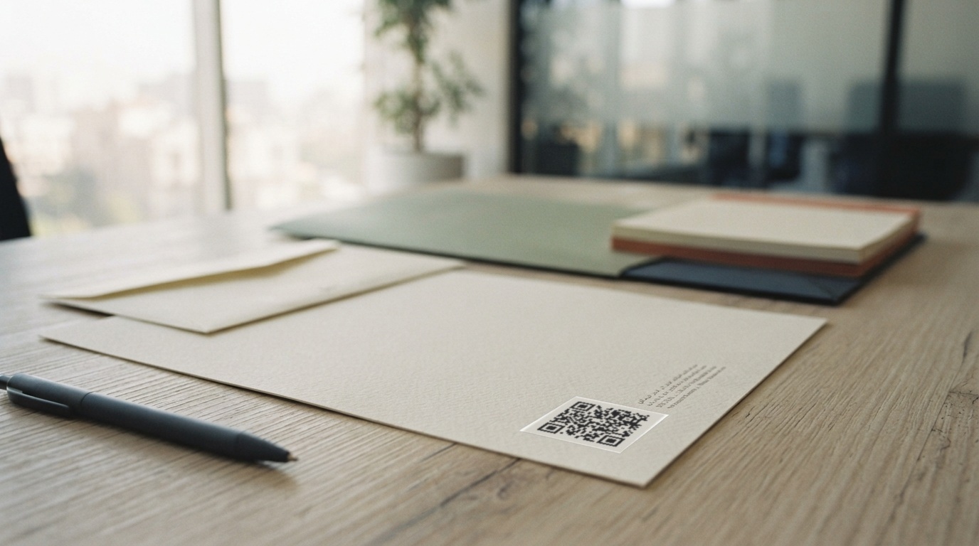 ست اداری شامل سربرگ، پاکت و پوشه روی میز کار با کد QR نخ
