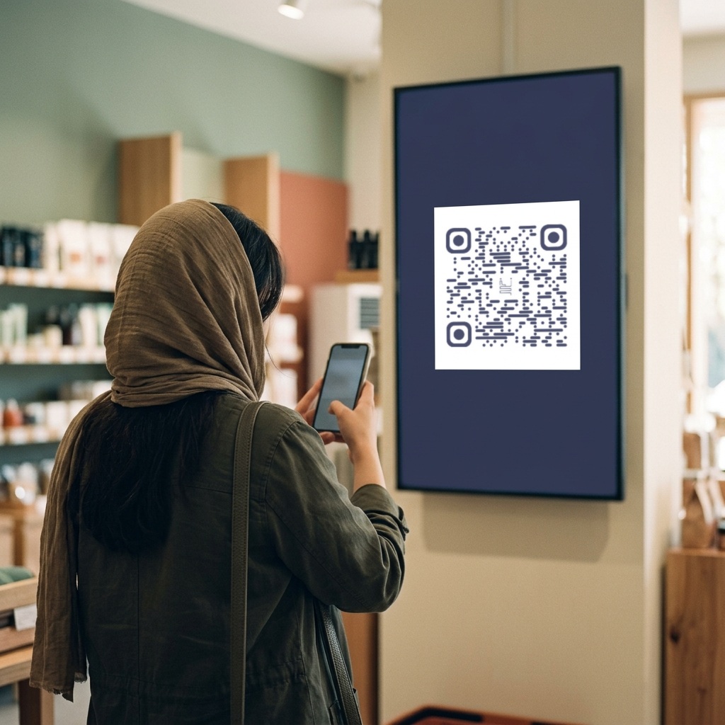 مخاطبی که کد روی نمایشگر فروشگاه را اسکن میکند