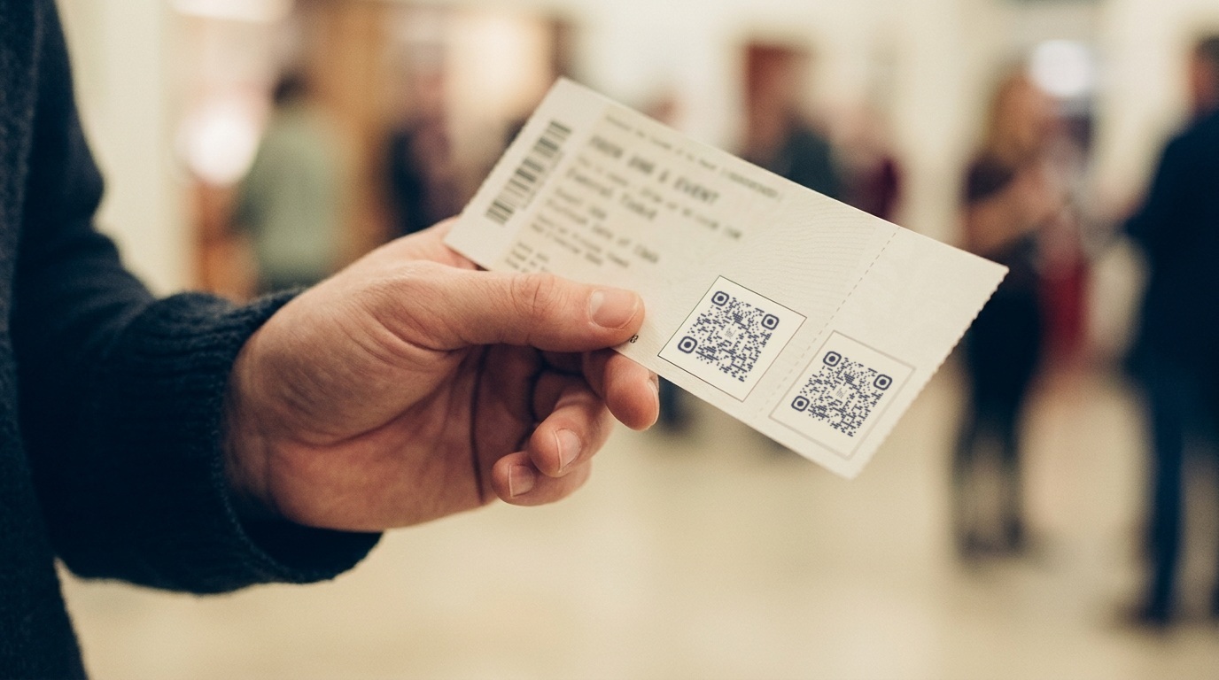 بلیت کاغذی رویداد در دست، با کد QR نخ