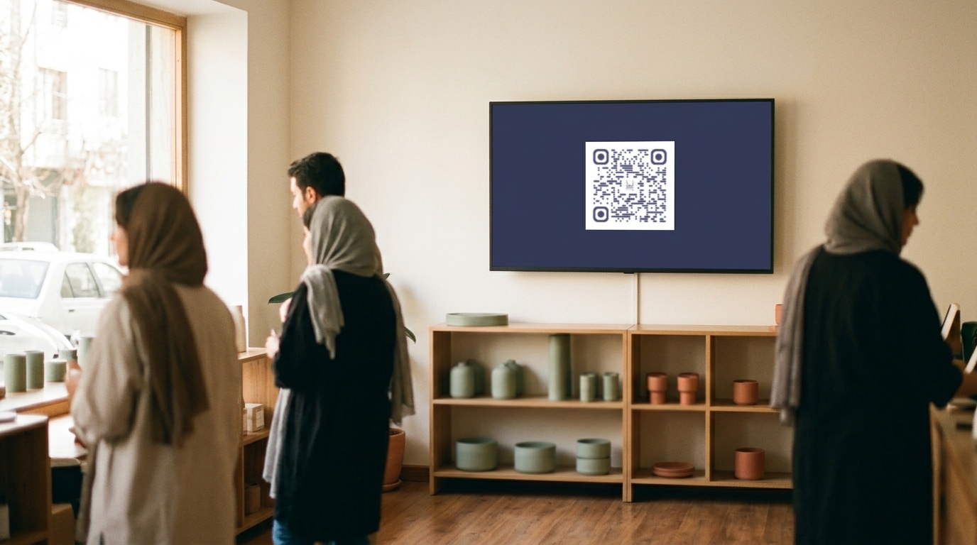 نمایشگر دیجیتال در فروشگاه با کد QR نخ روی صفحه